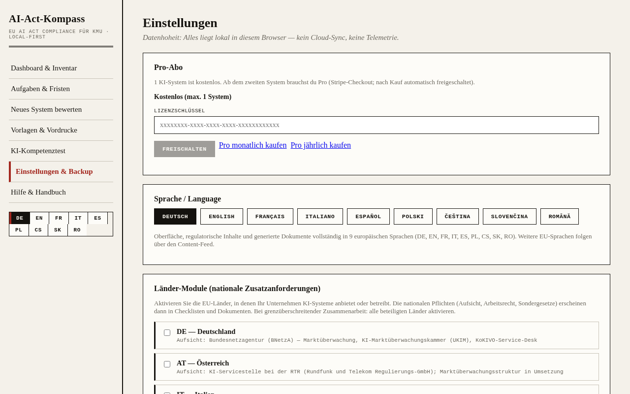 Einstellungen und Pro